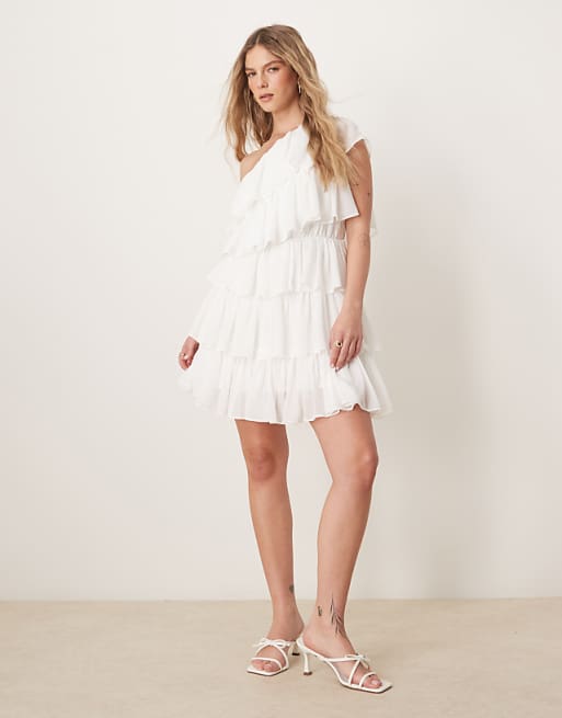 asos Anaya One shoulder tiered mini dress in white