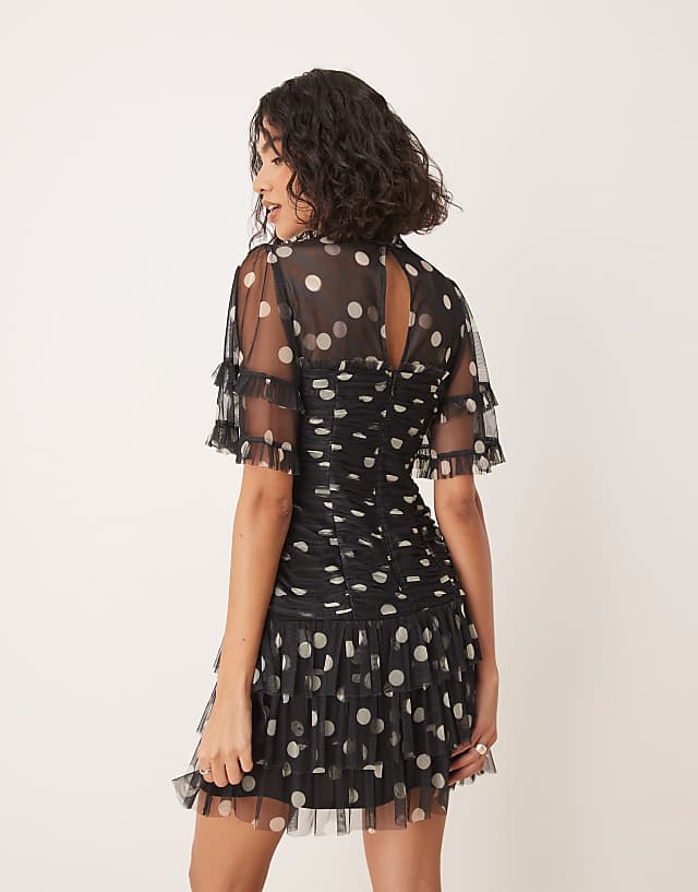 Asos Anaya Polka Dot Gathered Mini Dress In Black