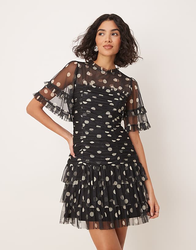 asos Anaya Polka dot gathered mini dress in black