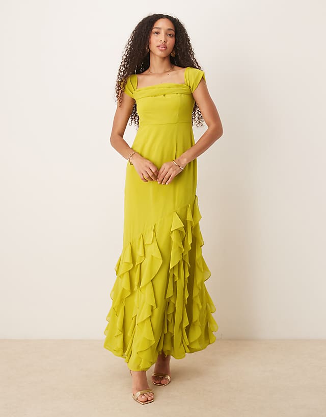 asos Anaya Ruffle bardot maxi dress in lime