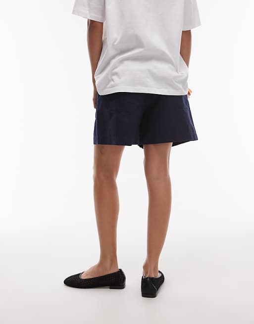Asos ARKET Mid Waist Linen Chino Shorts In Navy