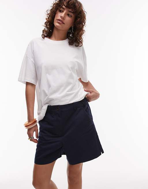 Asos ARKET Mid Waist Linen Chino Shorts In Navy