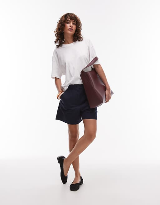 asos ARKET mid waist linen chino shorts in navy