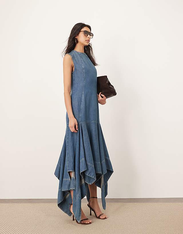 Asos ARRANGE Square Cut Midi Dress In Denim