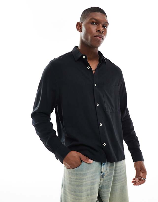 asos ASOS DESIGN boxy linen blend shirt in black