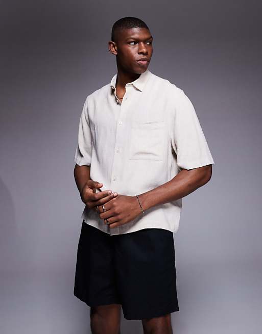 asos ASOS DESIGN boxy linen blend shirt in stone