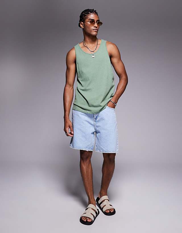 Asos ASOS DESIGN Crew Neck Linen Mix Tank In Sage