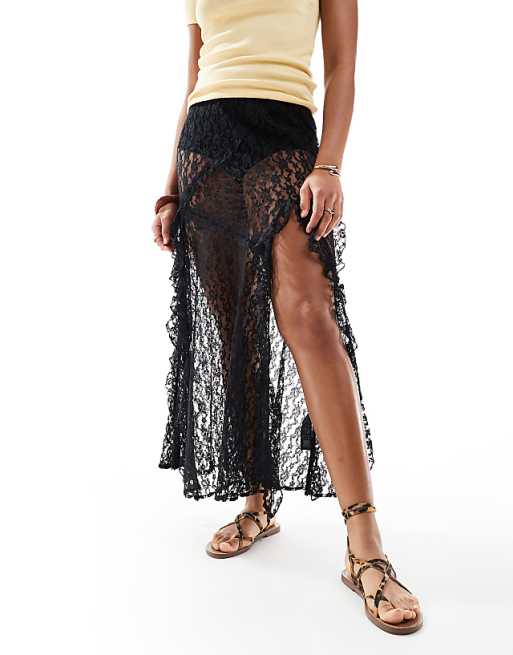 Asos ASOS DESIGN Lace Ruffle Maxi Skirt In Black