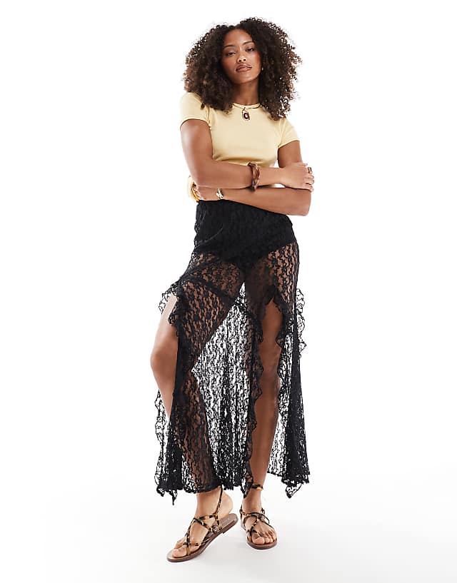 asos ASOS DESIGN lace ruffle maxi skirt in black