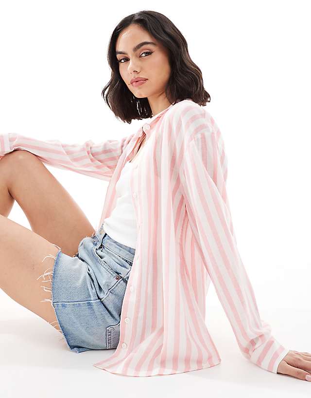 asos ASOS DESIGN linen blend shirt in pink stripe