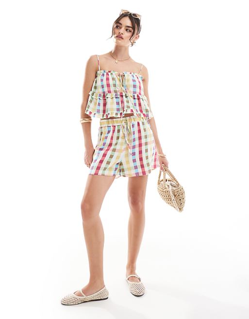 asos ASOS DESIGN linen blend shorts in multi check