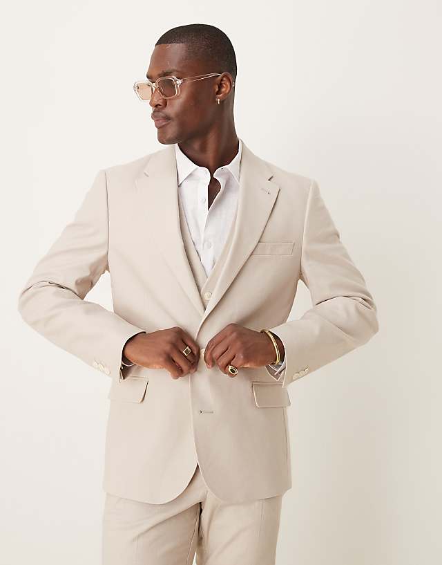 Asos ASOS DESIGN Linen Blend Skinny Suit In Stone