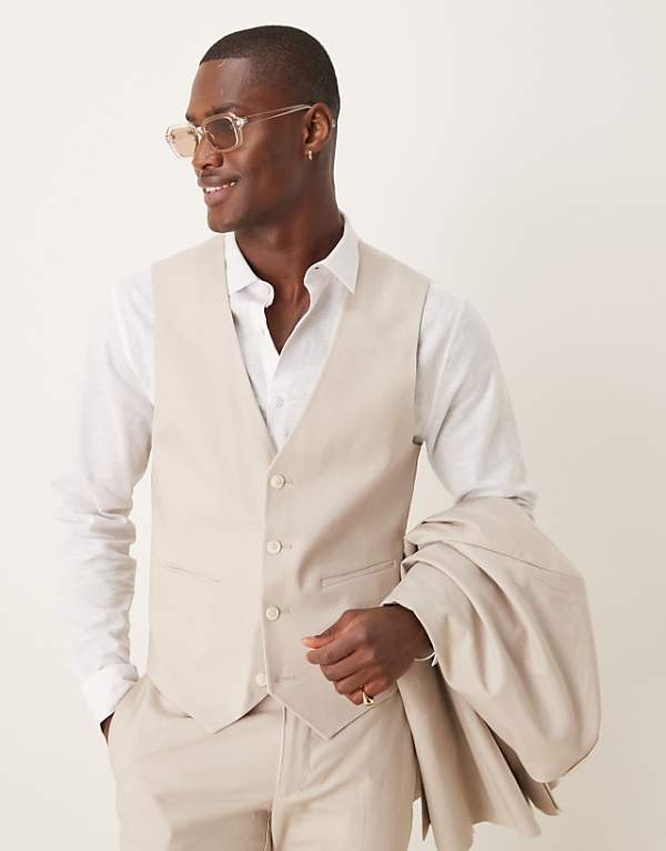 Asos ASOS DESIGN Linen Blend Skinny Suit In Stone