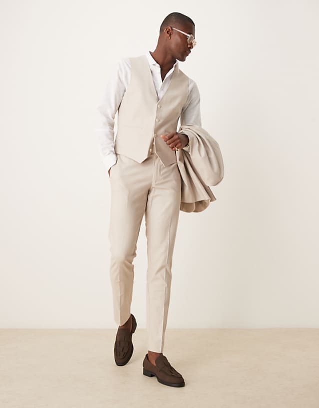 asos ASOS DESIGN linen blend skinny suit in stone