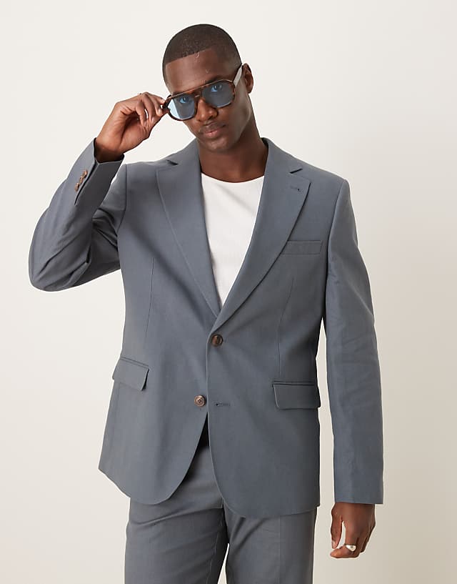 Asos ASOS DESIGN Linen Blend Slim Suit In Blue