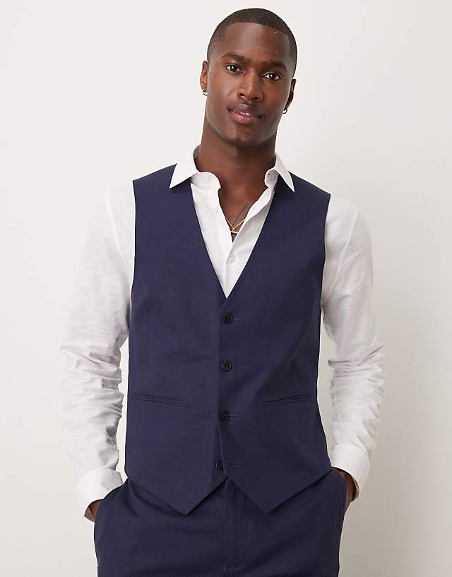 Asos ASOS DESIGN Linen Blend Slim Suit In Navy