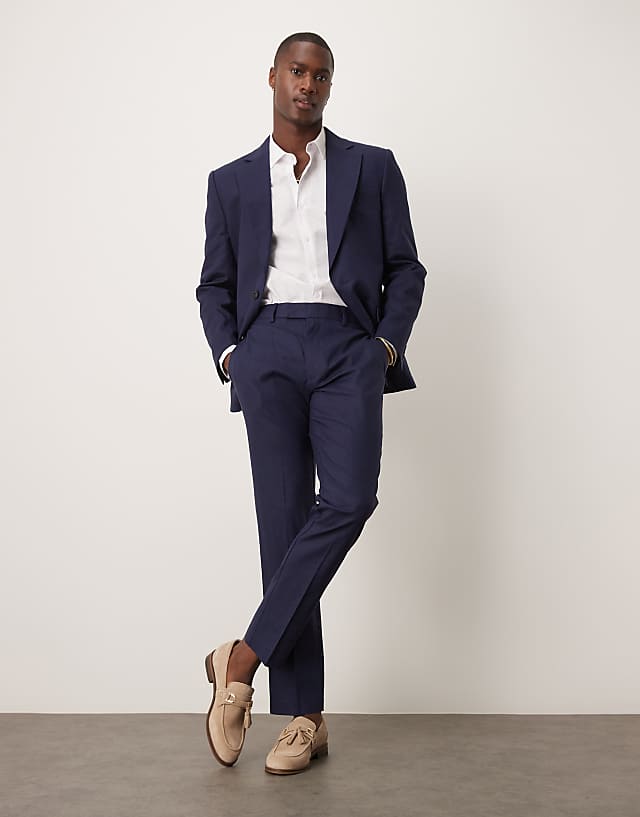 Asos ASOS DESIGN Linen Blend Slim Suit In Navy