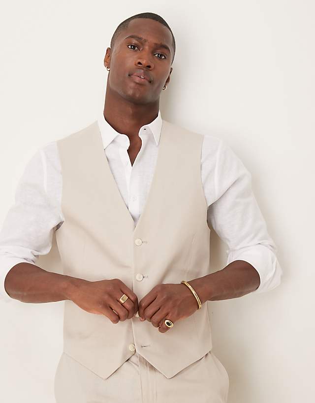 Asos ASOS DESIGN Linen Blend Slim Suit In Stone