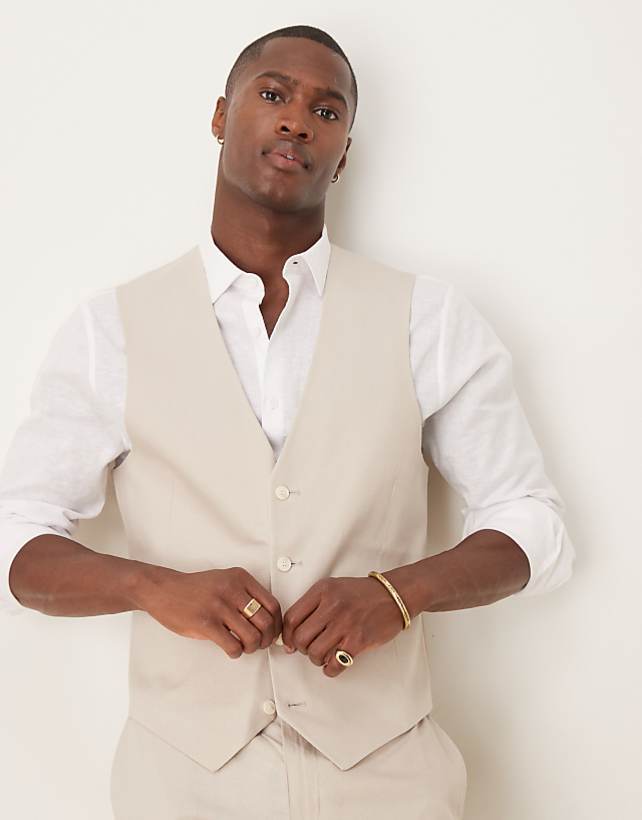 Asos ASOS DESIGN Linen Blend Slim Suit In Stone