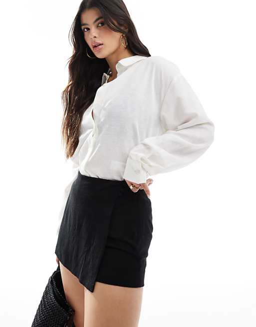 asos ASOS DESIGN linen look wrap skort in black