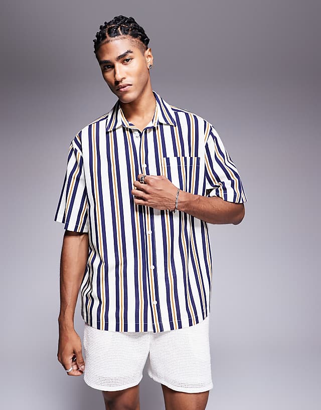 asos ASOS DESIGN loose fit shirt in blue stripe