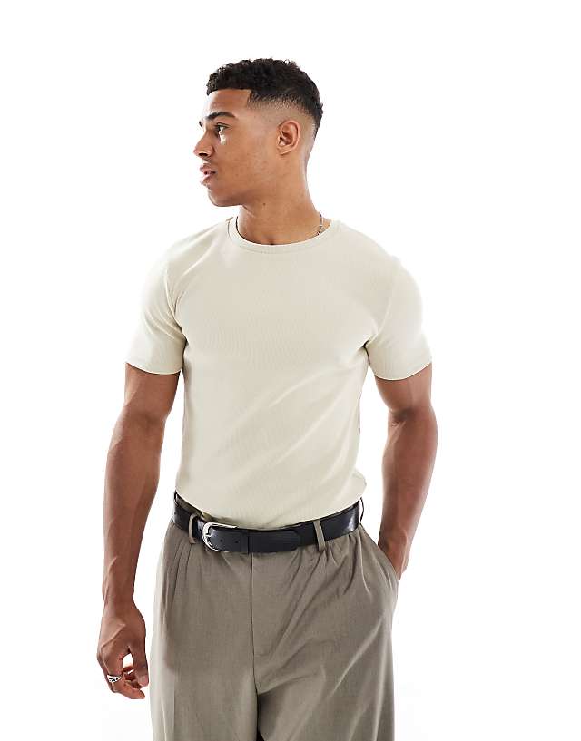 asos ASOS DESIGN muscle fit rib t-shirt in beige