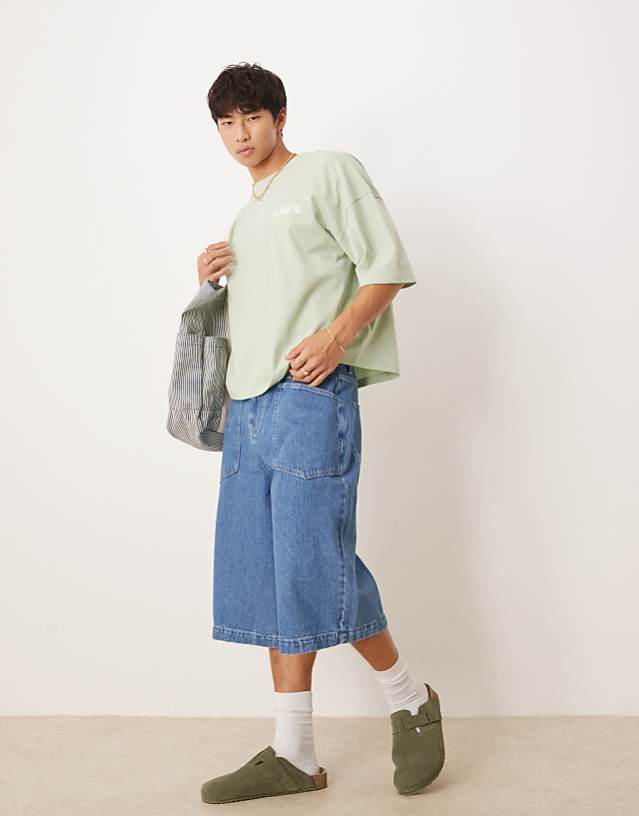 asos ASOS DESIGN oversized denim jorts in mid wash