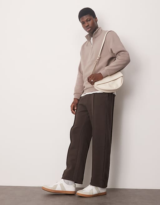 Asos ASOS DESIGN Quarter Zip Sweatshirt In Brown