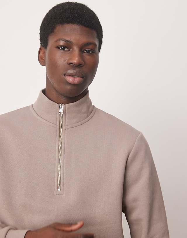 Asos ASOS DESIGN Quarter Zip Sweatshirt In Brown