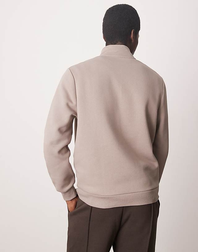 Asos ASOS DESIGN Quarter Zip Sweatshirt In Brown