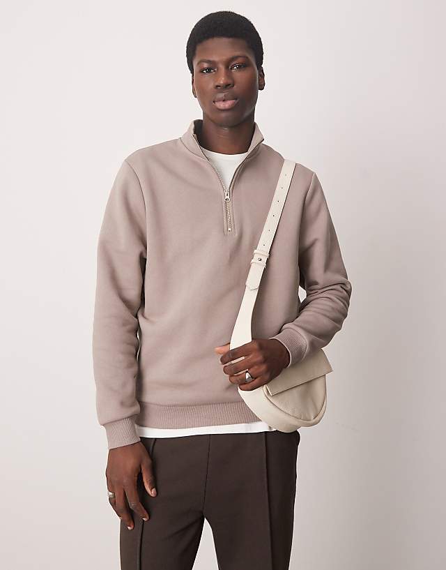 asos ASOS DESIGN quarter zip sweatshirt in brown