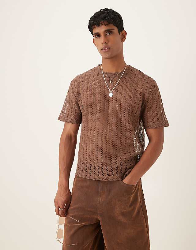 asos ASOS DESIGN relaxed crochet t-shirt in brown