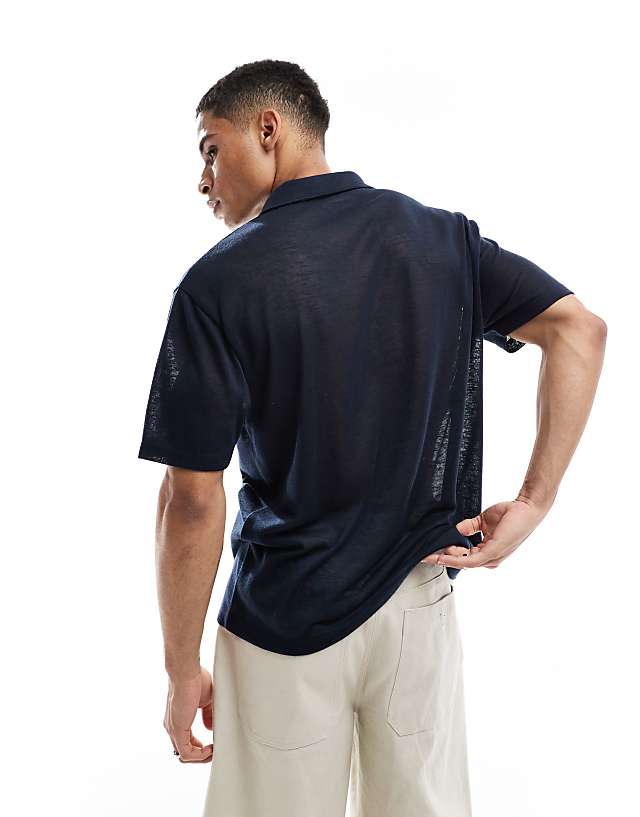 Asos ASOS DESIGN Relaxed Linen Look Polo In Navy