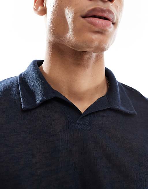 Asos ASOS DESIGN Relaxed Linen Look Polo In Navy