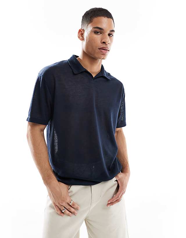 asos ASOS DESIGN relaxed linen look polo in navy