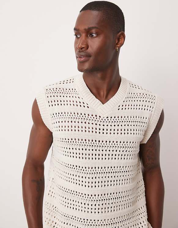 asos ASOS DESIGN relaxed open knitted vest in ecru