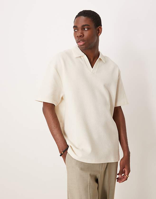 asos ASOS DESIGN relaxed waffle polo in cream