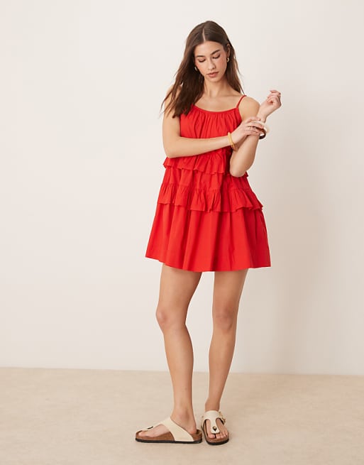 asos ASOS DESIGN ruffle tiered mini dress in red