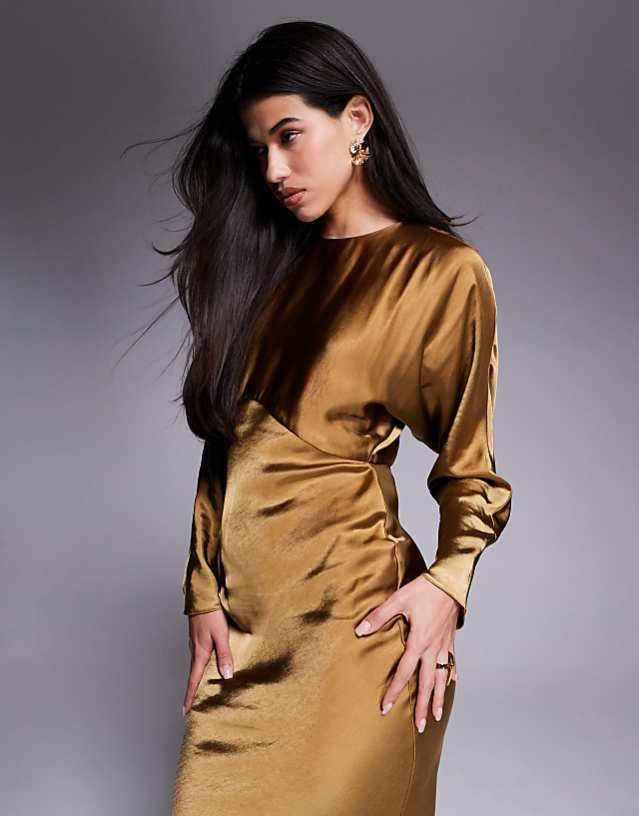 Asos ASOS DESIGN Satin Batwing Maxi Dress In Olive
