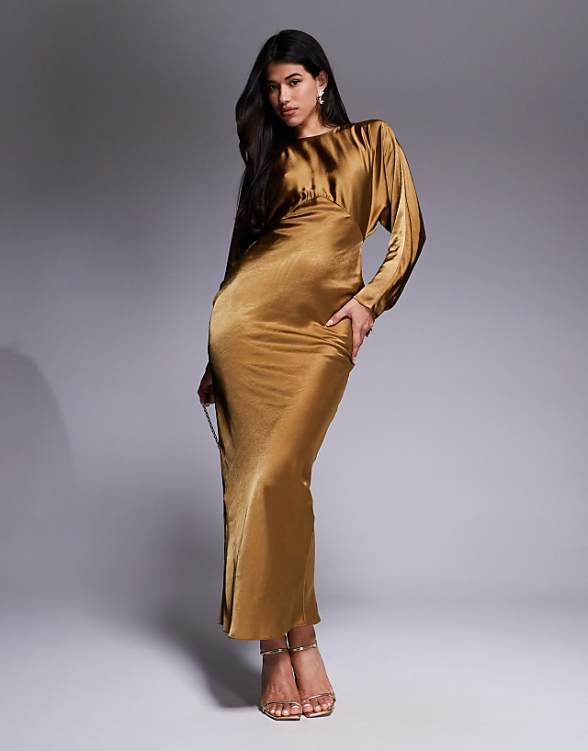 asos ASOS DESIGN satin batwing maxi dress in olive
