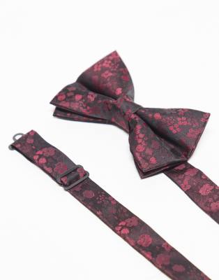 Asos ASOS DESIGN Satin Floral Bow Tie In Burgundy