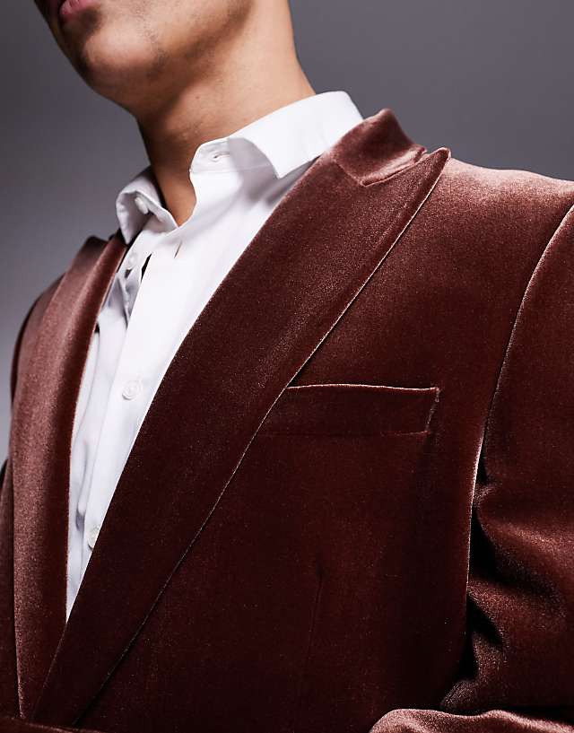 Asos ASOS DESIGN Slim Fit Velvet Blazer In Brown