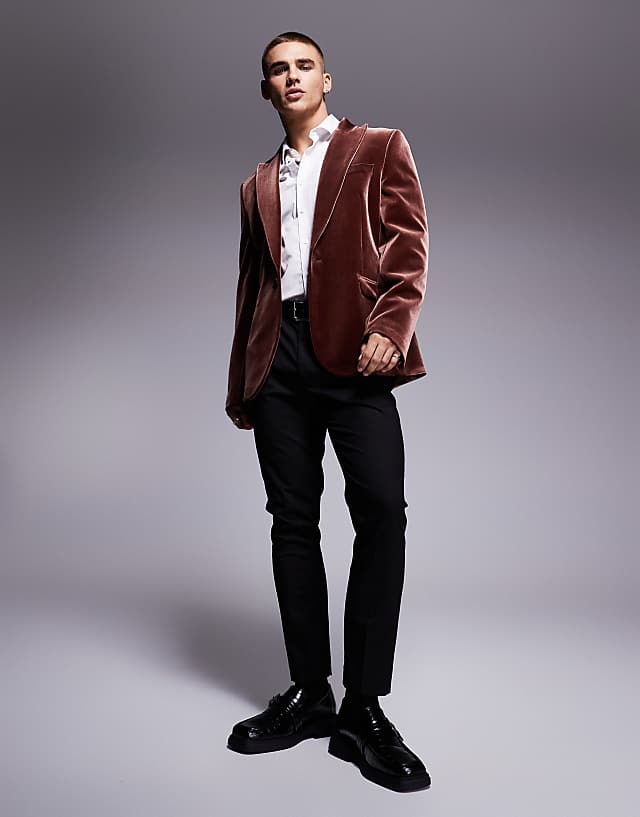 Asos ASOS DESIGN Slim Fit Velvet Blazer In Brown