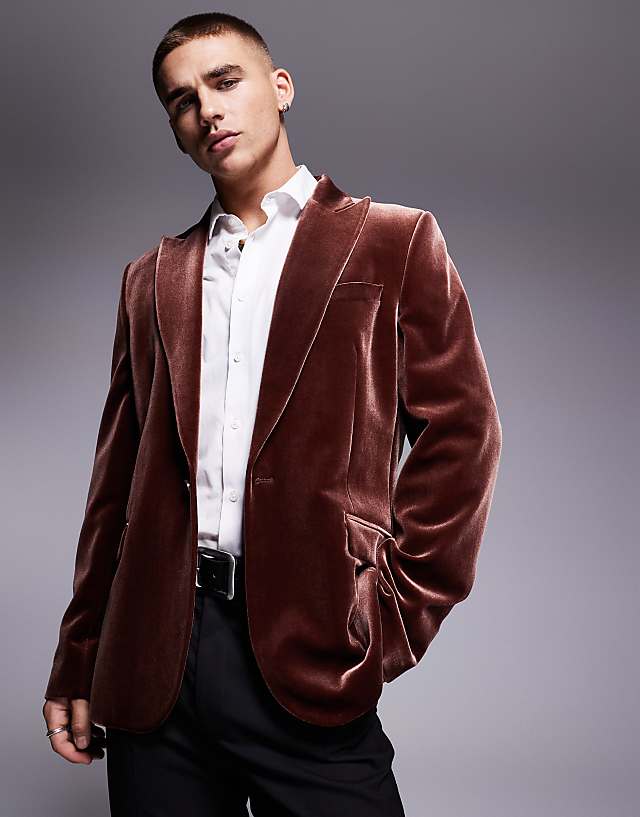 asos ASOS DESIGN slim fit velvet blazer in brown