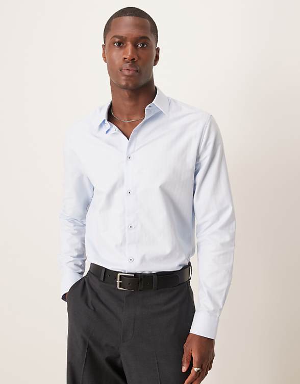 asos ASOS DESIGN slim herringbone shirt in blue