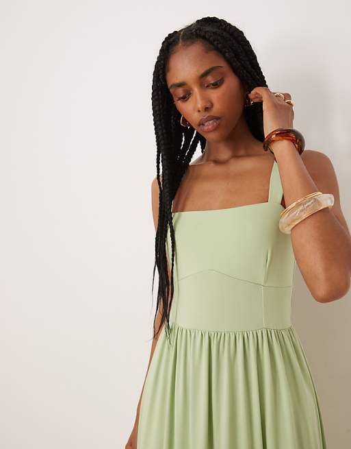 Asos ASOS DESIGN Square Neck Midi Dress In Sage