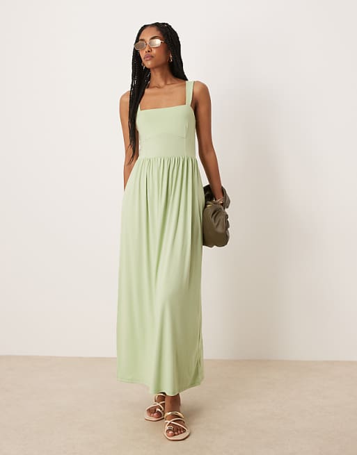Asos ASOS DESIGN Square Neck Midi Dress In Sage