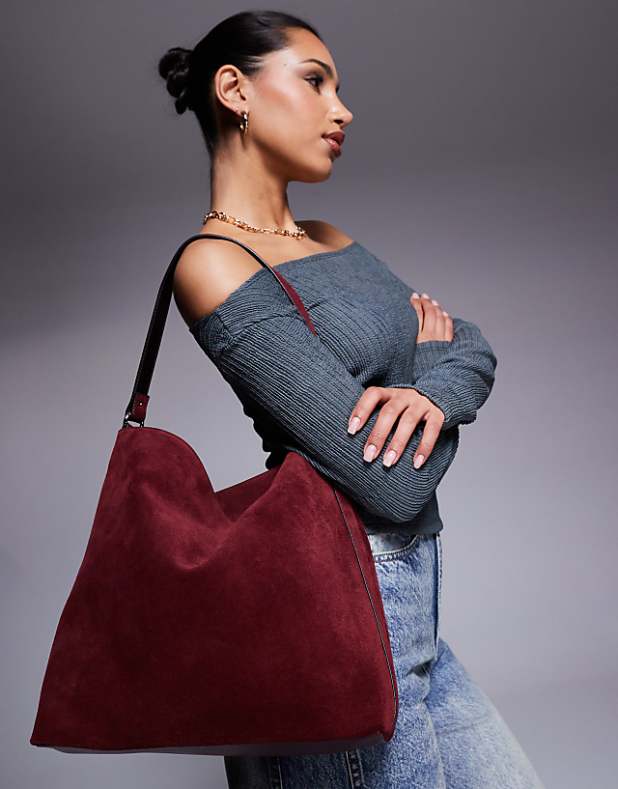 asos ASOS DESIGN suede tote bag in burgundy
