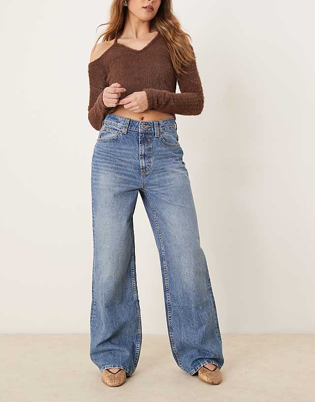 asos ASOS DESIGN wide leg dad jeans in mid blue