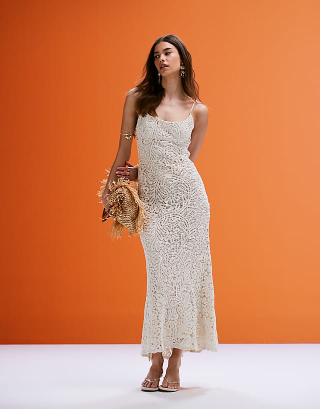 asos Bardot crochet maxi dress in beige